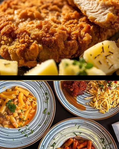 Mehrere Teller mit Schnitzel, Spätzle und Pasta von oben fotografiert